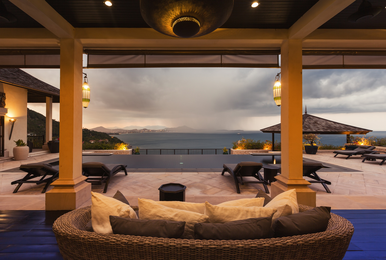 Luxury villa living room interior. Sea view